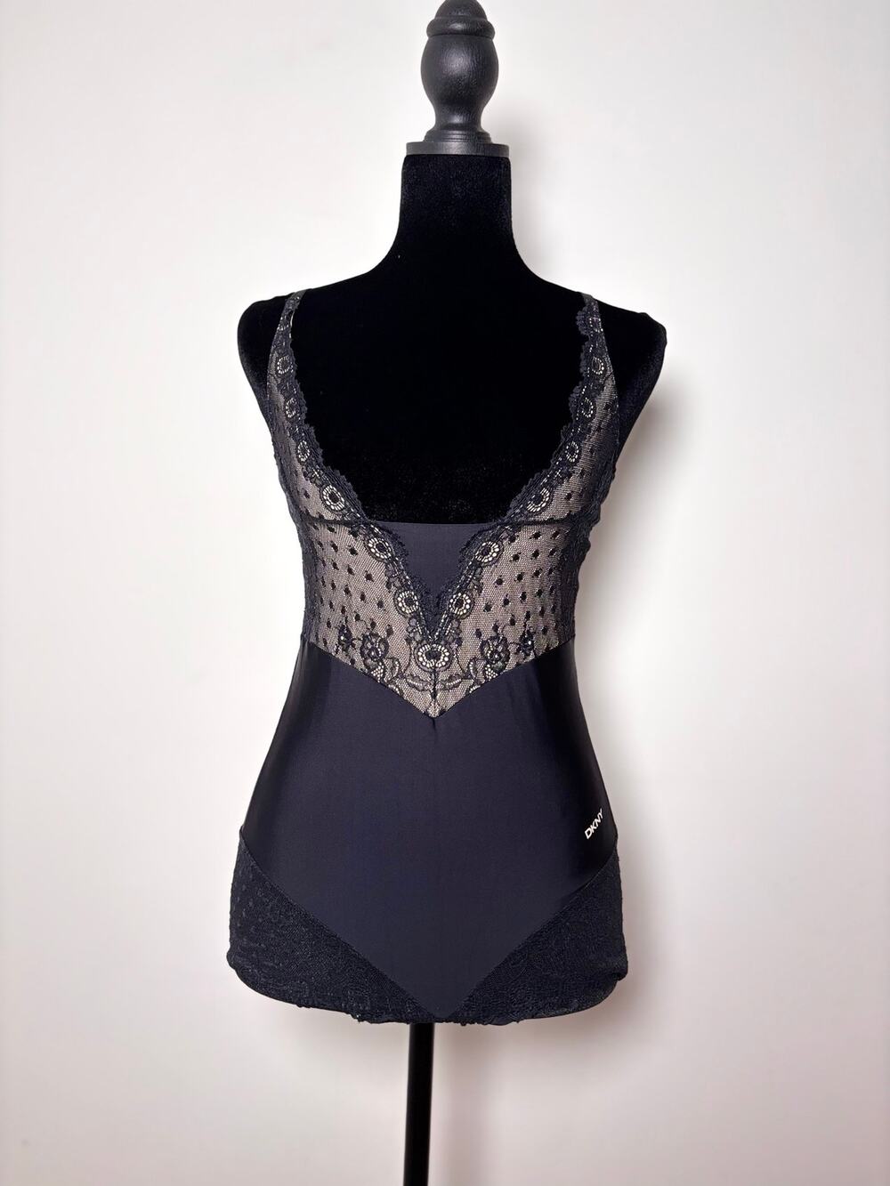 Vtg Y2K DKNY Black Mesh Lace Teddy Bodysuit Swiss Dot Mesh Paneling Size XS